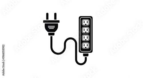 Black and white illustration of a power strip with a connected plug