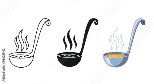 Three variations of a ladle with steaming soup illustrated in different styles