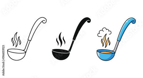 Three colorful cartoon ladles with steam displaying different styles