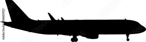 Silhouette of a commercial airplane in flight against a white background