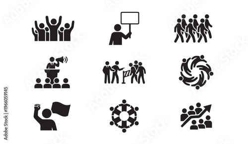 Social activism protest and public demonstration people group icon set graphic