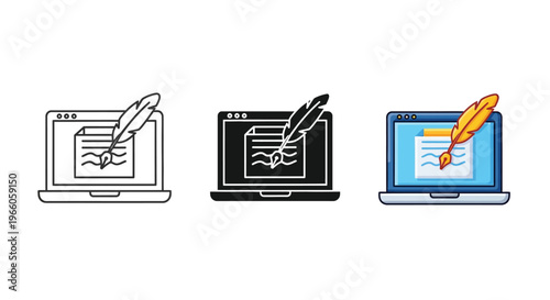 A series of laptop icons featuring a quill pen and open document