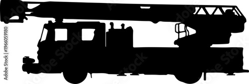 Striking black silhouette of a robust emergency fire truck equipped with an aerial ladder for vital rescue operations