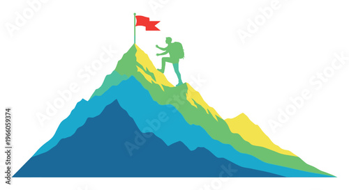 A silhouetted hiker reaches the summit of a colorful stylized mountain