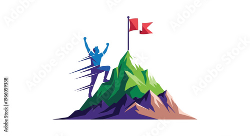 A victorious figure reaches a mountain peak with waving red flags