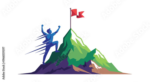 A victorious runner reaches the summit of a mountain arms raised