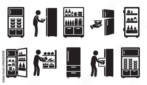 Kitchen fridge and food container pictogram set for meal planning
