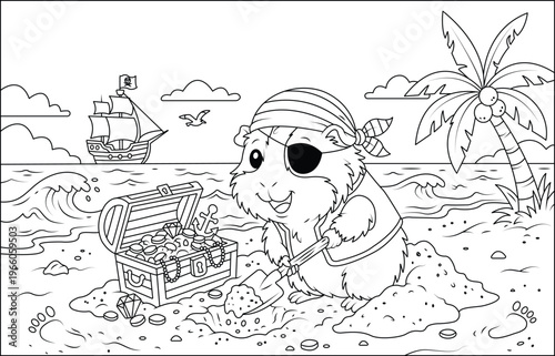 Cute Pirate Guinea Pig Digging Treasure on Beach, Kids Coloring Page with Treasure Chest, Ship, Palm Tree and Ocean Scene, Black and White Line Art Illustration