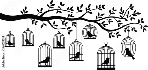 Elegant black birdcage silhouette set hanging from a leafy tree branch with various birds inside cages for decorative wall art and graphic design.