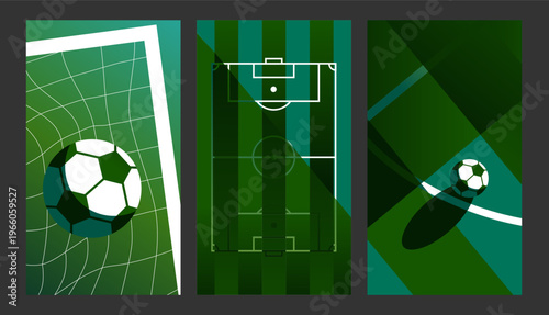 Soccer Football Vertical Banner Template Set Vector with Ball Goal Net Pitch Diagram and Corner Kick on Green Background for World Cup Tournament Championship Design