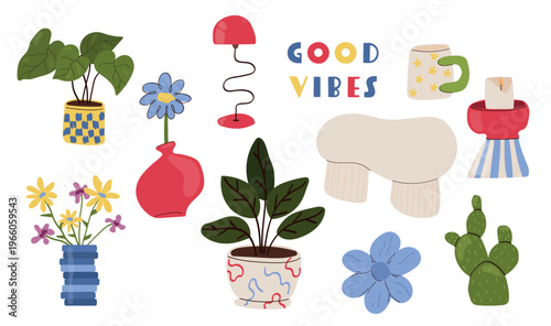 Hand Drawn Cozy Home Decor Vector Set, Aesthetic Plants, Flowers, Lamp, Mug, and Furniture in Playful Doodle Line Art Style, Good Vibes Illustration