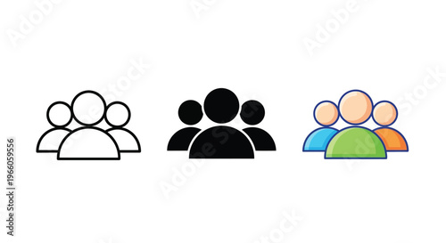 Group of people icons in three color variations outline solid and colored