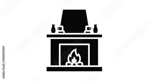 Minimalist fireplace scene with flames a mantel and vases silhouette