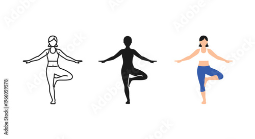 Woman performing the tree pose yoga asana in three different styles