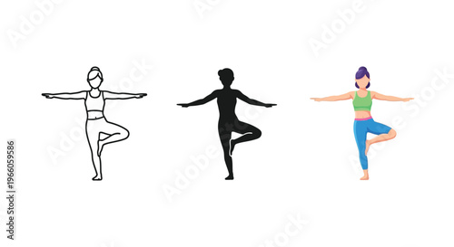 Woman in tree pose illustrated in three distinct color variations