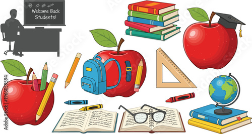 Back-to-School Supplies Set with Apples, Books, Backpack, and Classroom Items
