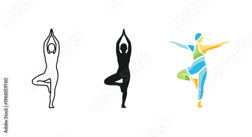 Three depictions of a woman in a tree pose yoga position