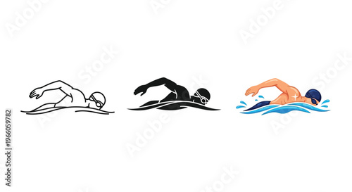 Swimmer in freestyle stroke depicted in three progressive styles