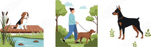 Illustration Set Featuring Dog Outdoors, Walking, and Breeds