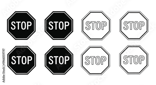 Variations of a classic octagonal stop sign presented in different styles