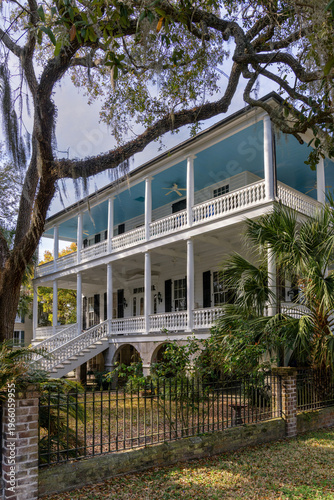 Photos traditional southern home and live oaks with Spanish moss in historic Beaufort