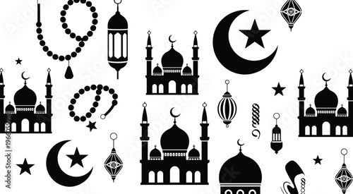 Mega collection of Islamic religious silhouettes featuring mosques, lanterns, crescent moons with stars, and prayer beads for Ramadan Kareem and Eid Mubarak celebration designs.