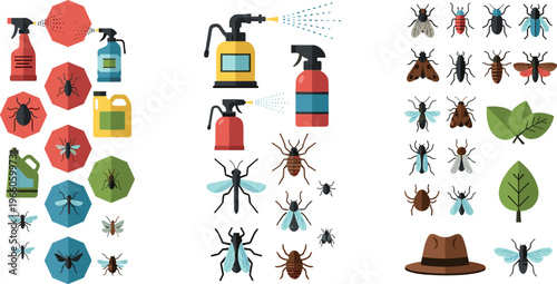 Insect Repellent and Pest Control Icon Set Featuring Sprayers, Bugs, and Nature Elements for Household, Gardening, and Protection Themes