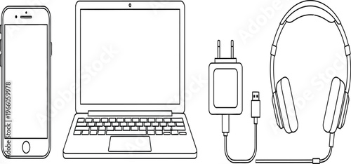 Collection of electronic devices including a smartphone, laptop, charger, and headphones Vector