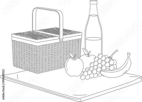 Picnic basket filled with fresh fruits and a bottle of beverage on a cloth Vector
