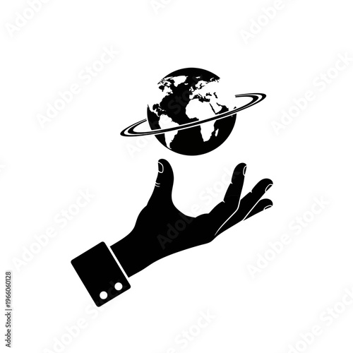 Black silhouette of a human hand reaching out to hold a globe with an orbiting ring above it isolated on white background