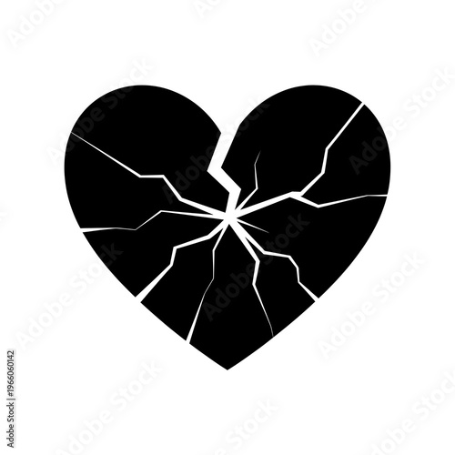 Black broken heart silhouette with shattered pieces and jagged cracks representing heartbreak isolated on white background