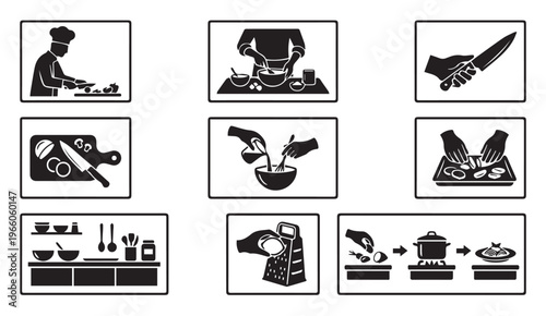 Professional kitchen chef and food preparation icon set in black silhouette