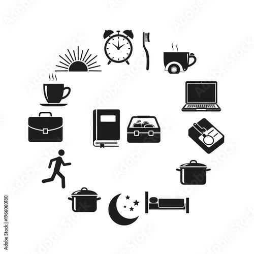 A collection of black icons representing a daily routine from morning sunrise to night sleep. isolated on white background