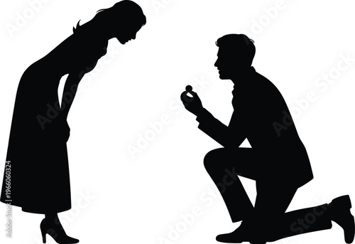 Romantic man kneeling and proposing to a woman with a ring in silhouette for wedding engagement, marriage proposal, and Valentine's Day greeting card designs.