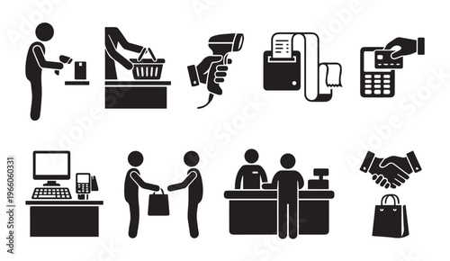 Retail and customer service icon set with checkout payment and barcode scanning