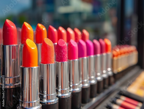 Display of Colorful Lipsticks in a Store Window During Daylight Hours