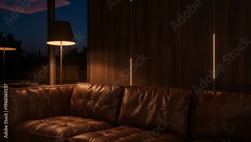 Cozy Modern Living Room with Brown Leather Sofa and Amber Lighting AI Generative