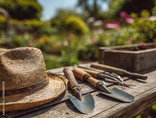 Gardening Tools and Straw Hat on Wooden Table in Sunny Garden With Flowers