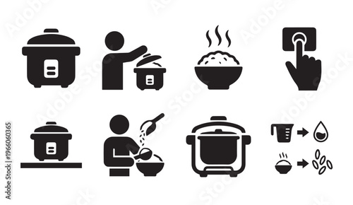 Electric rice cooker cooking sequence icons with measuring and steaming steps