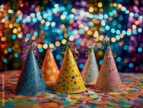 Colorful Party Hats on a Table With Decorations and Lights at a Festive Gathe...