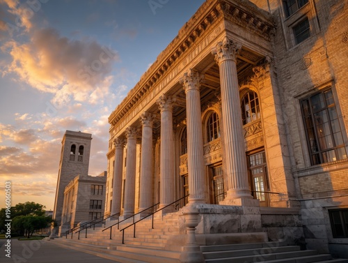 Historic Building Stands in Warm Light at Sunset in City Center With Clear Sk...
