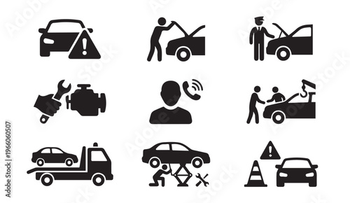 Car repair and roadside assistance icons with engine fix towing and maintenance