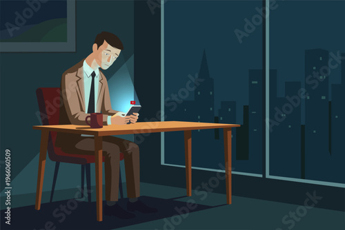 Businessman stressed by smartphone and constant notifications at night, digital anxiety concept, flat vector illustration