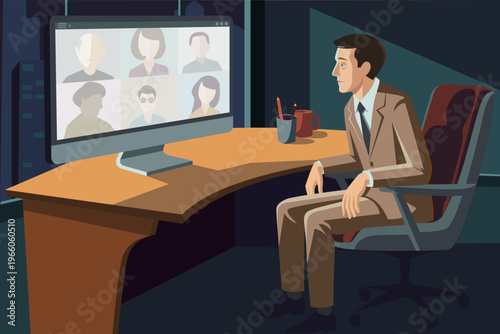 Businessman tired of online video meetings on computer, zoom fatigue concept, flat vector illustration