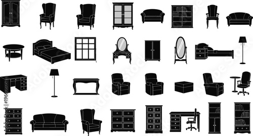 Furniture silhouette icon set featuring sofa chair table cabinet bed wardrobe interior vector collection modern home decor design elements