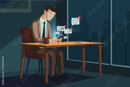 Businessman overwhelmed by digital notifications at work, information overload concept, flat vector illustration