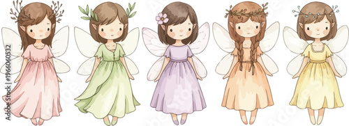 Five cute cartoon fairies in different colored dresses standing in a row with wings and flowers in hair