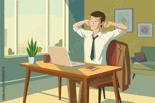 Businessman working in healthy routine with clean workspace and daylight, productivity concept, flat vector illustration