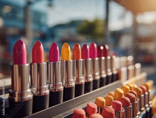 Display of Colorful Lipsticks in Store During Sunny Afternoon