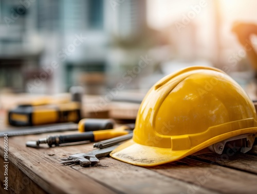 Construction Tools and Safety Gear Laid out on a Wooden Table in an Outdoor W...